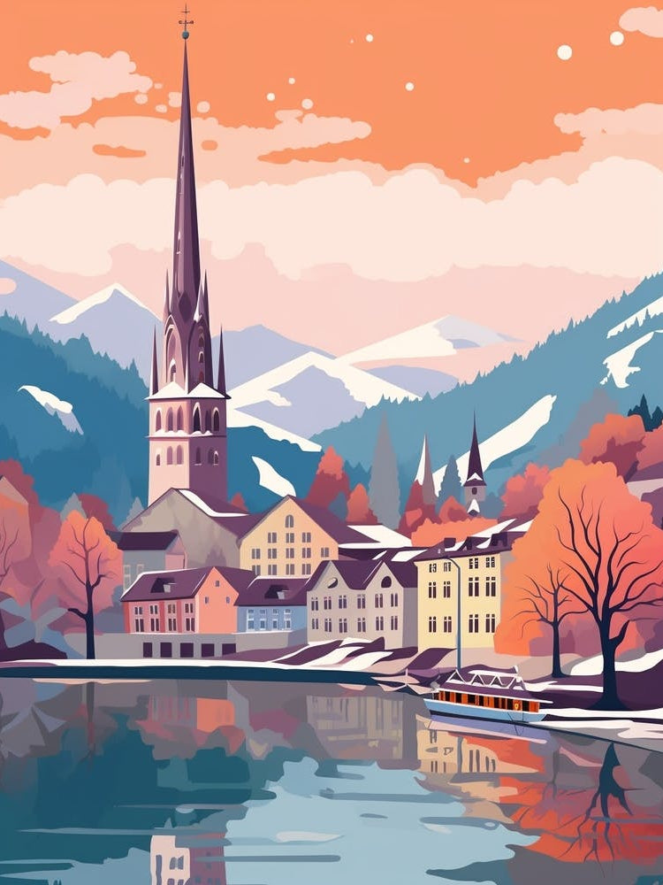 Vintage Winter Travel Illustration Lucerne Switzerland 4