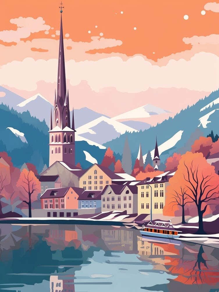 Vintage Winter Travel Illustration Lucerne Switzerland 4