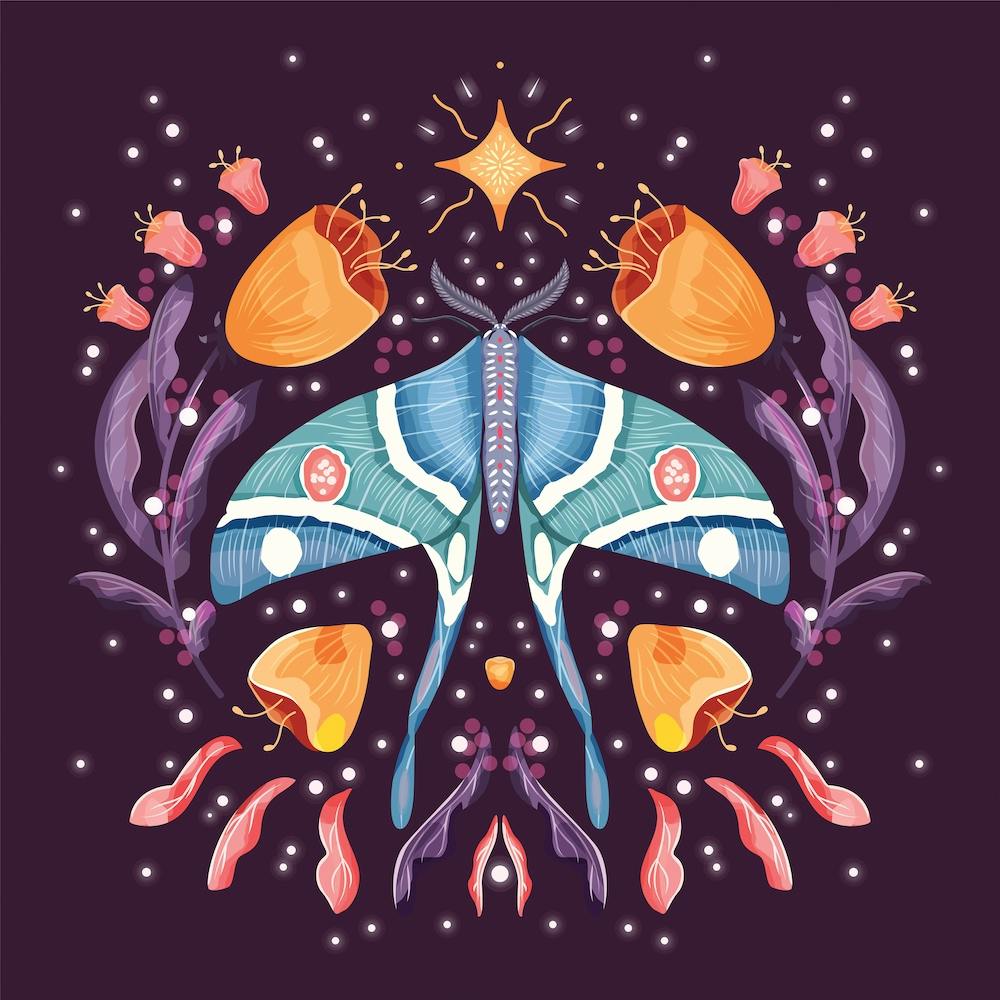 Papillon de Nuit Bleu sur Fond Floral Violet et Décoration Carrée