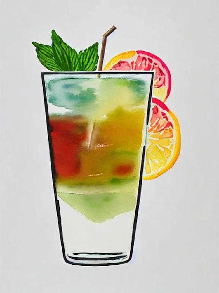 Long Island Iced 2 Tea Minimal Line Drawing With Watercolour Cocktail Poster