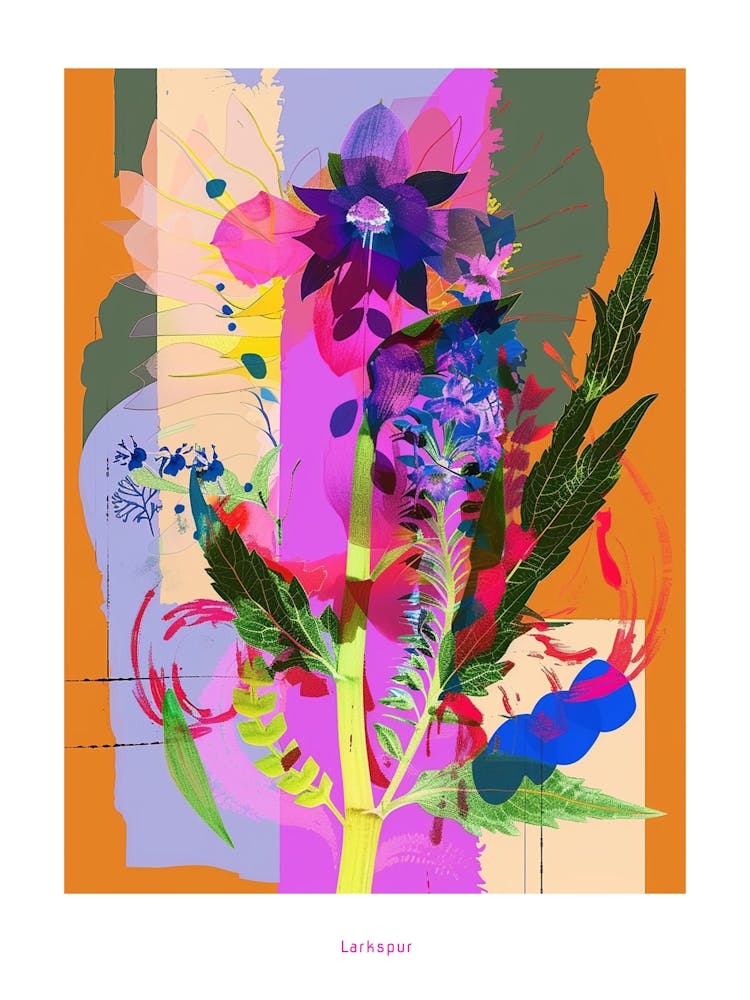 Larkspur 1 Neon Flower Collage Poster