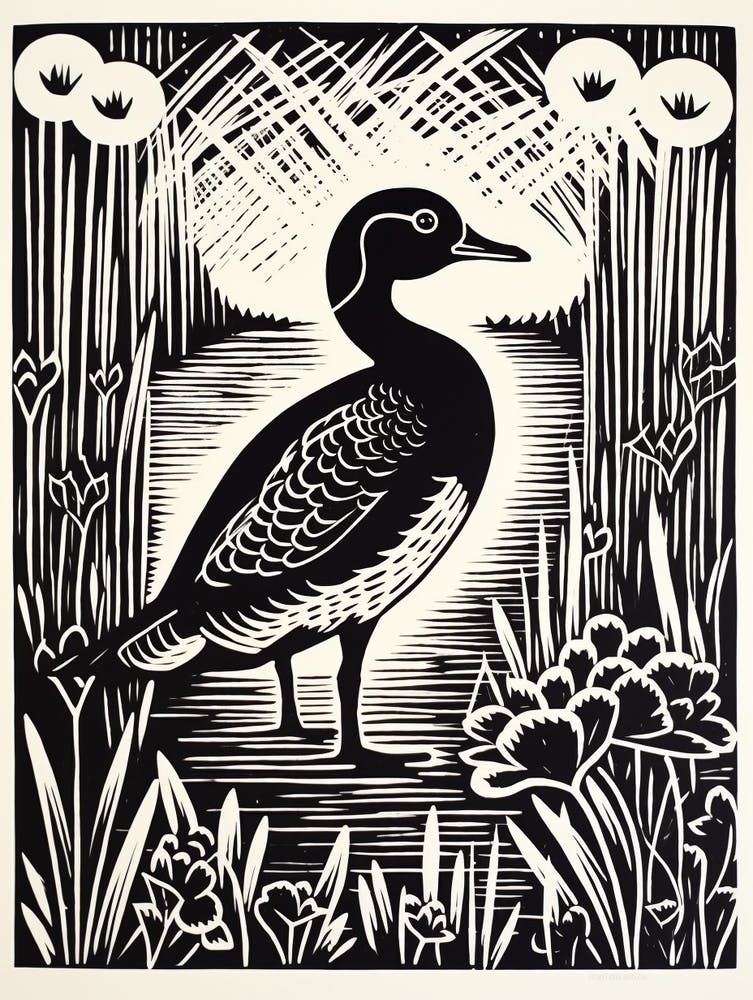 B&W Bird Linocut Coot 1