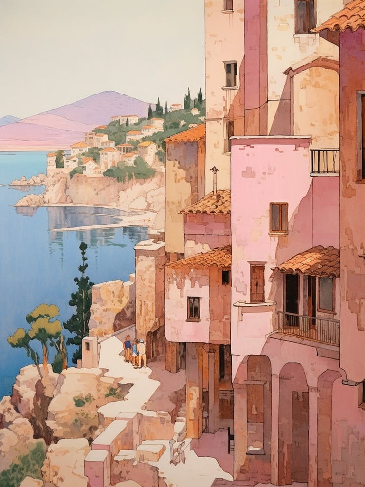Budva Montenegro 3 Vintage Pink Travel Illustration
