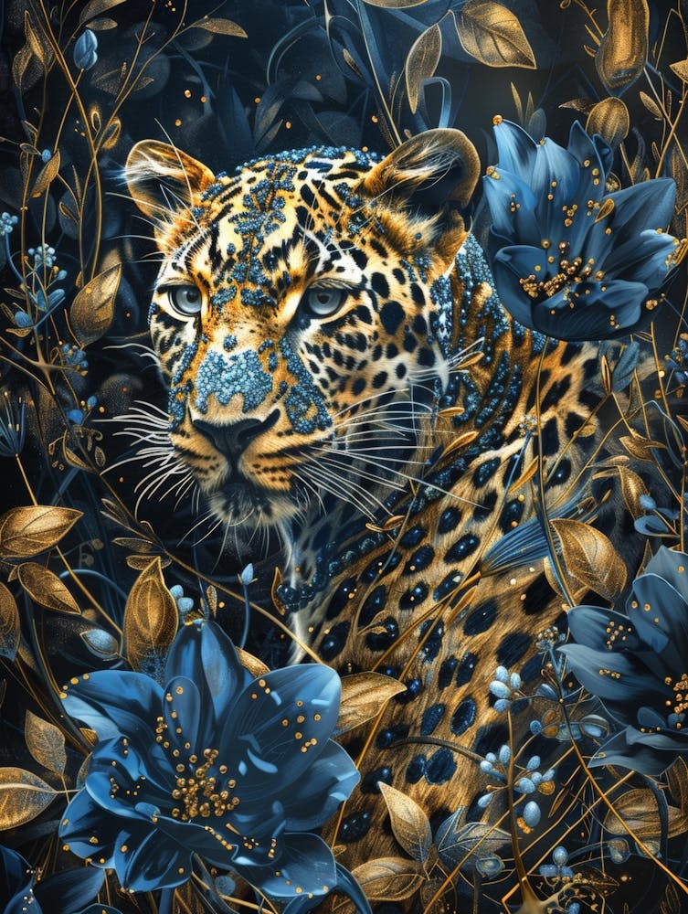 Léopard Dans Les Fleurs Bleues