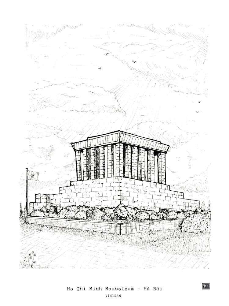 Ho Chi Minh Mausoleum Hanoi Vietnam Architecture Pen Ink Drawing