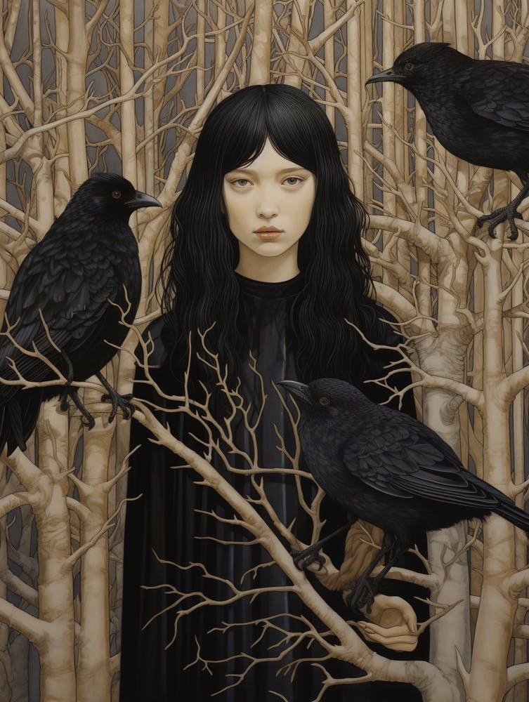 Dark And Moody Girl With Birds 1