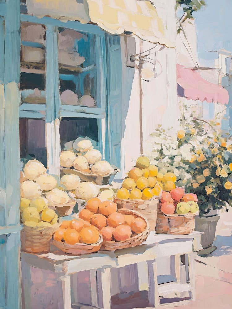 Pastel Outdoor Market with Fresh Citrus Fruits