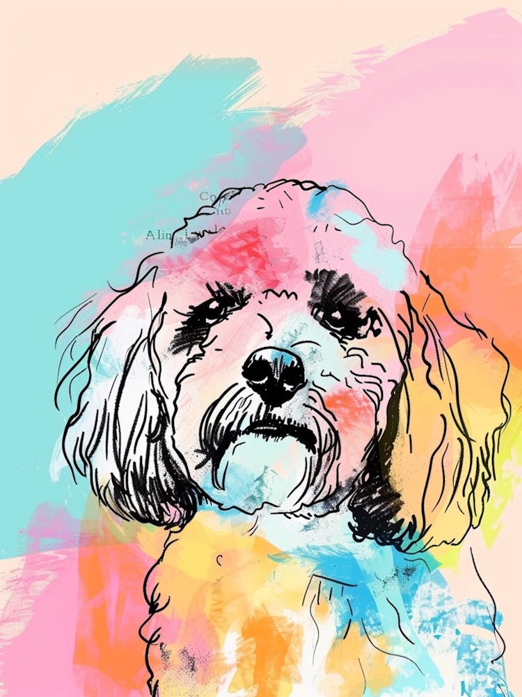 Poodle Dog Pastel Line Watercolour Illustration  1