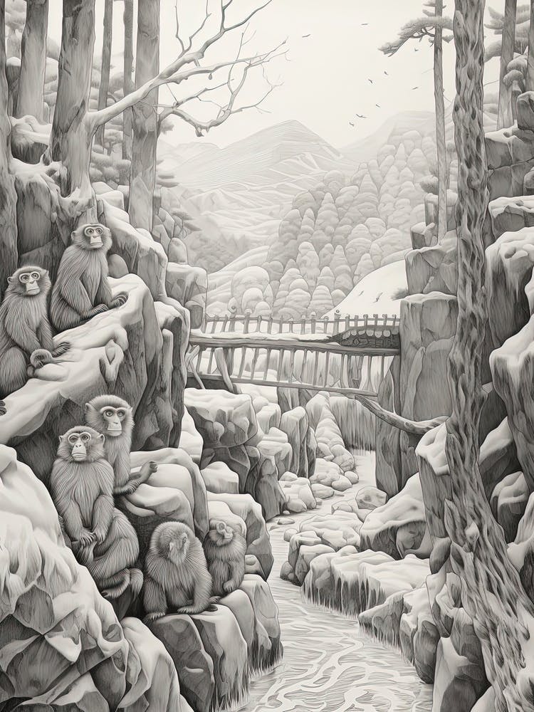 Jigokudani Monkey Park In Nagano, Ukiyo E Black And White Line Art Drawing 4