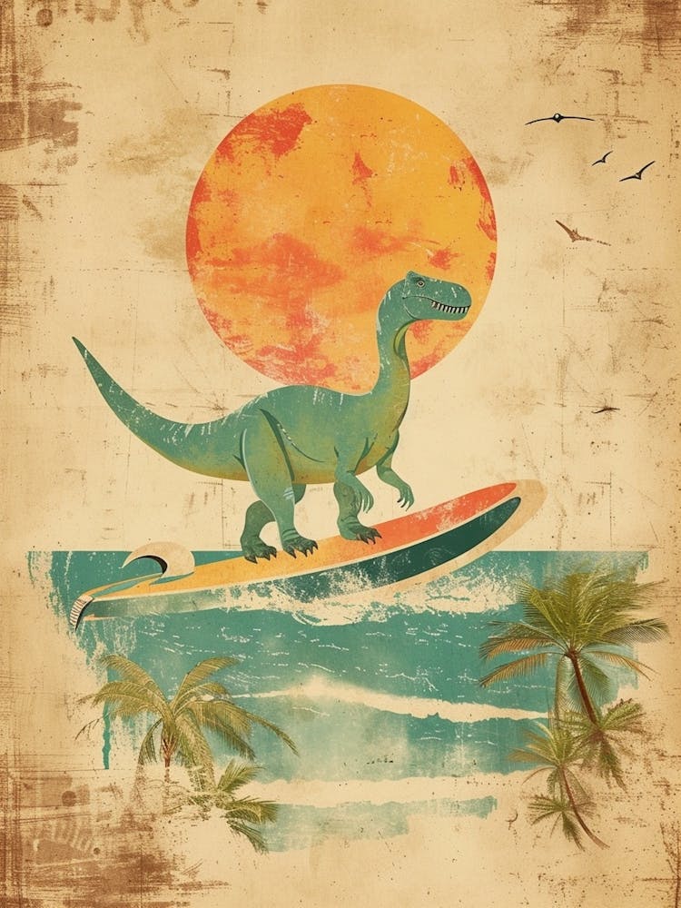 Vintage Amargasaurus Dinosaur On A Surf Board  2