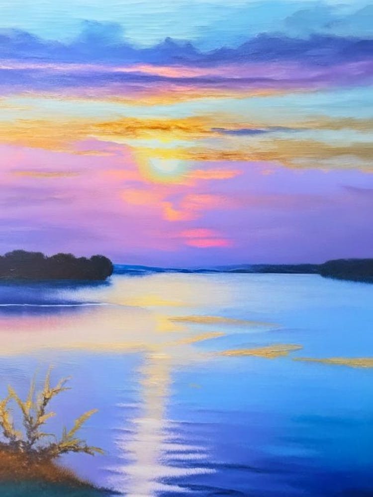 Sunrise Over Lake Waterscape Marble Acrylic Painting 3