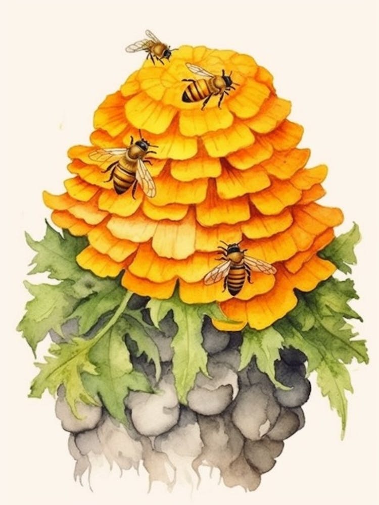 Beehive With Marigold Watercolour Illustration 4