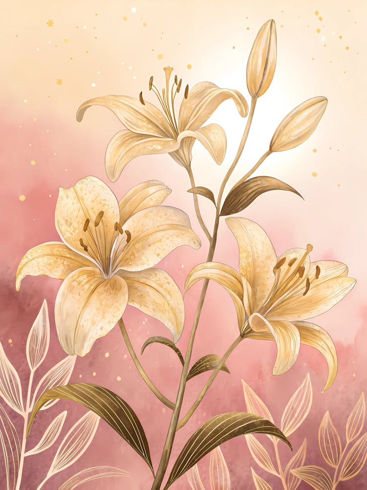 Oil Painting Style Gold Outlined Lilies Over Soft