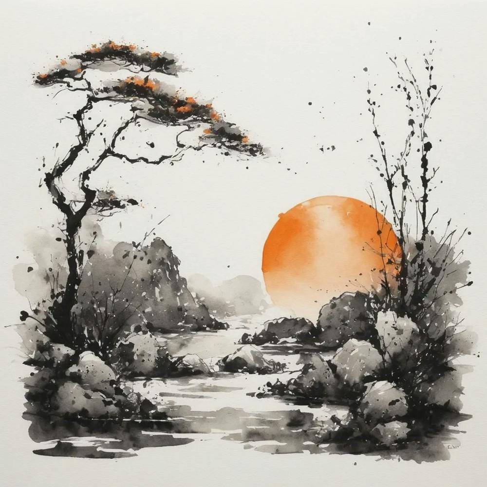 Asian Sunset Watercolor Painting