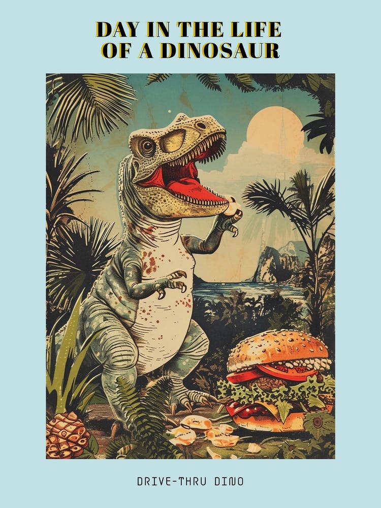 Dinosaur & A Hamburger Retro Collage 1 Poster