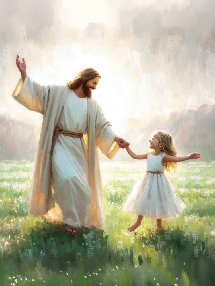 Happy Times, Digital Christian Art, Jesus And Little Girl Dancing, Jesus With Girl, Jesus Painting, Lds Art, Bible Prints, Christian Prints
