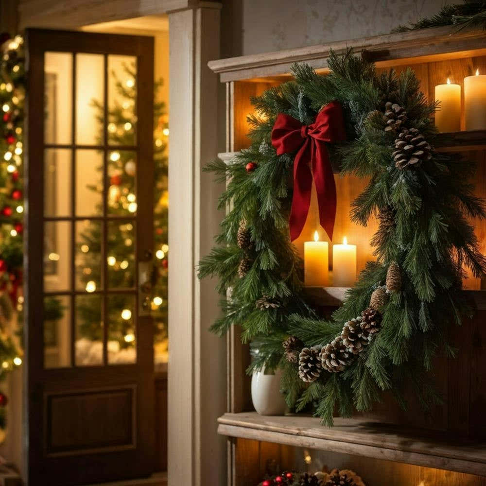 Closeup Capture Of A Decorated Shelf With A Festive Christmas Wreath Adjacent To A Warmly Lit Door