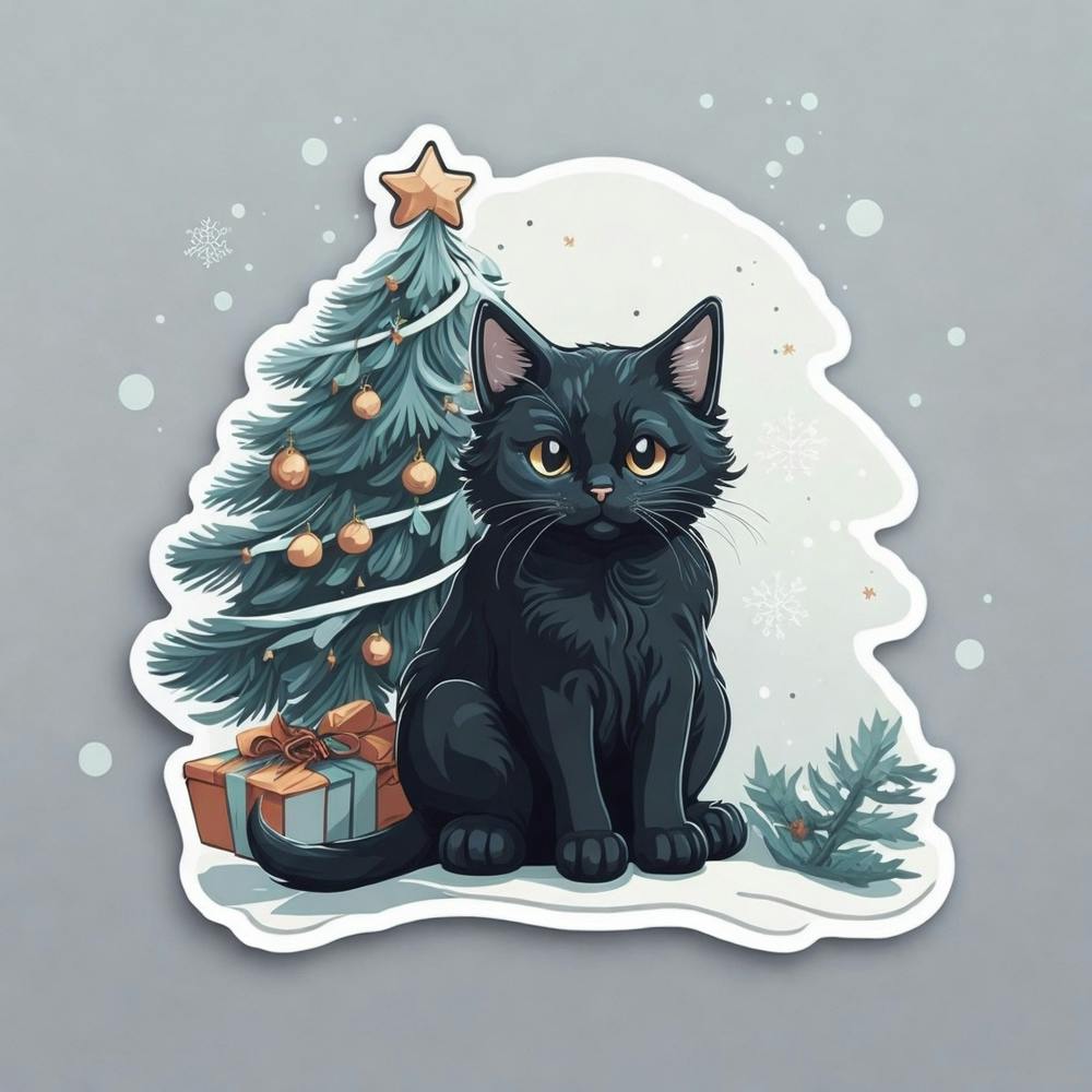 Black Cat With Christmas Tree 1
