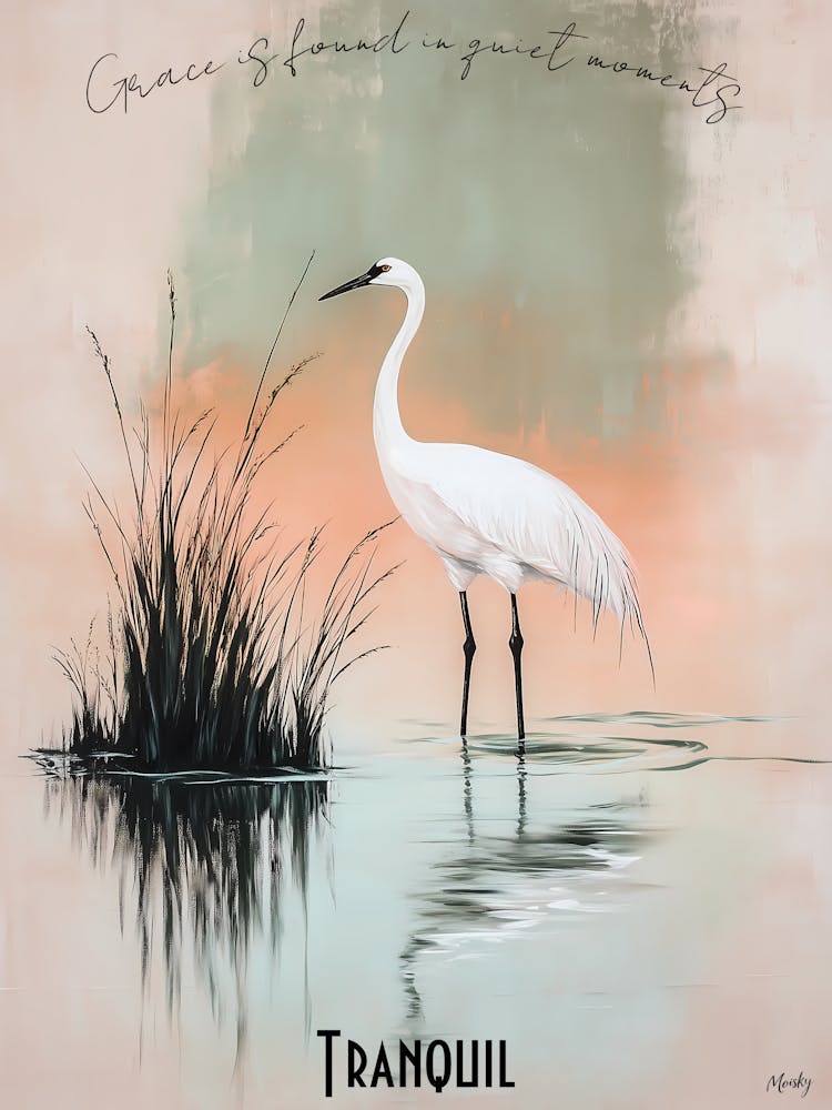 Serene White Crane In Zen Reeds, soft palette watercolor minimalist Calm Poster