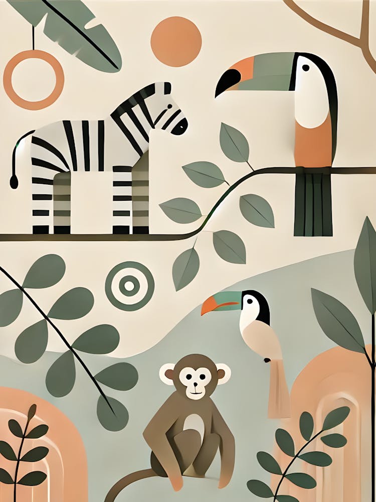 Minimalist Safari Animal Art – Zebra, Monkey & Toucan Wall Print For Kids