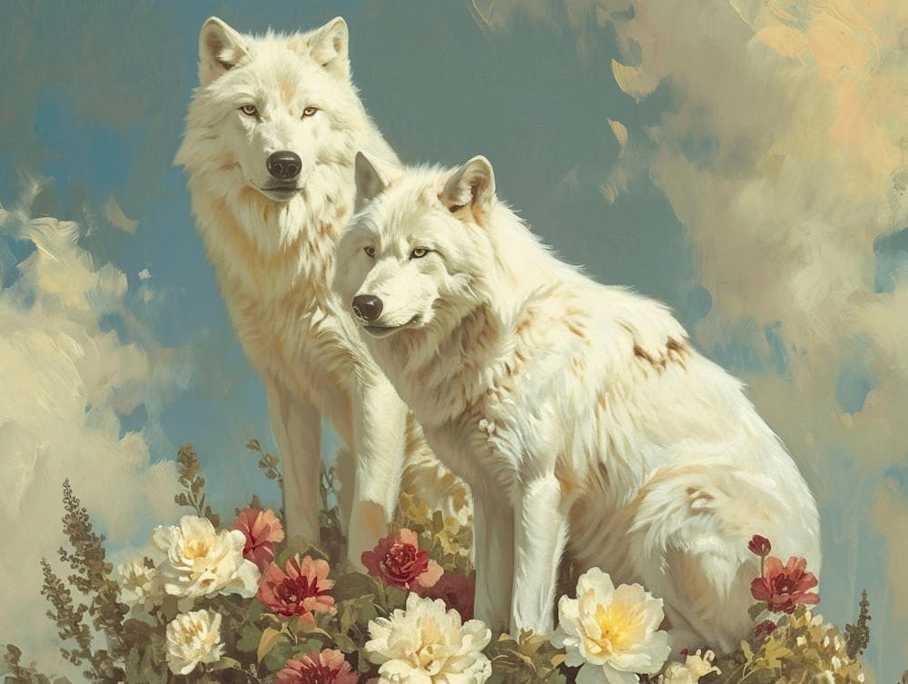 Floral Animal Illustration Arctic Wolf 1