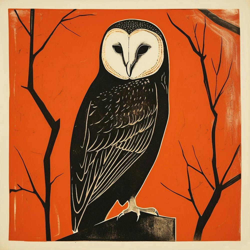 Retro Bird Lithograph Barn Owl 1