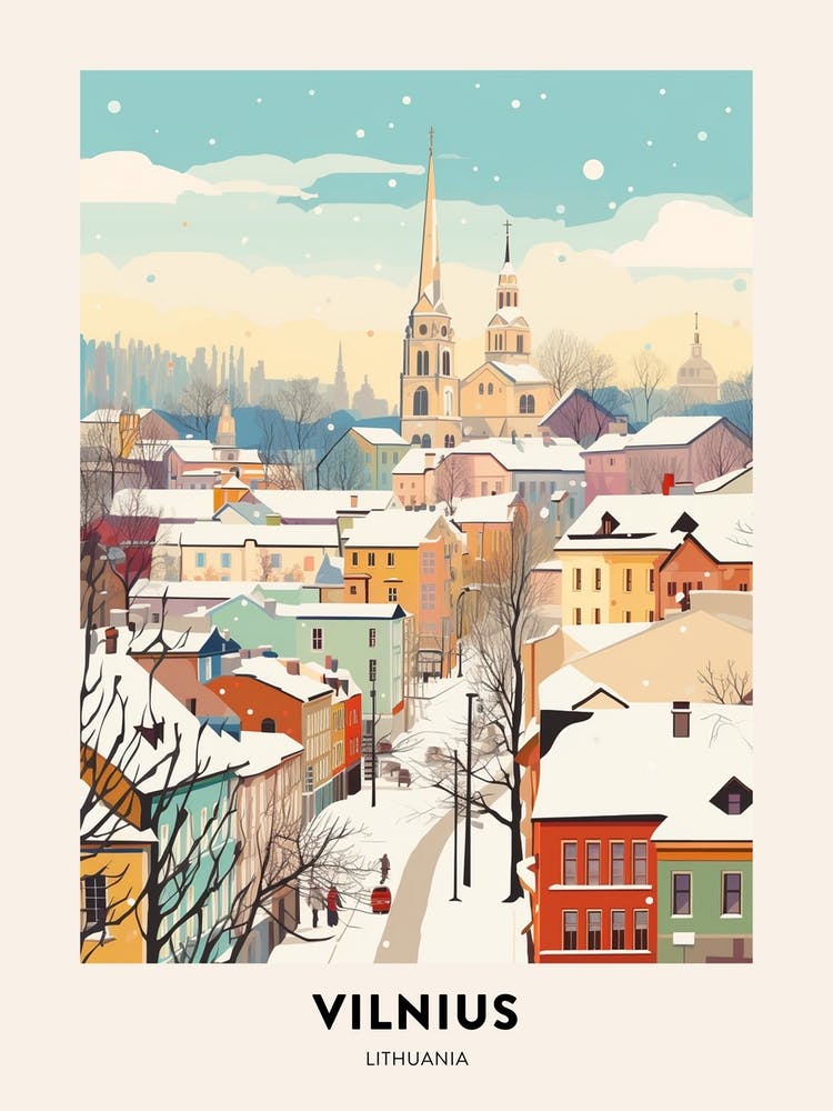 Vintage Winter Travel Poster Vilnius Lithuania 1