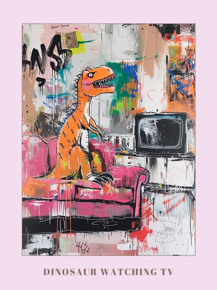 Dinosaur Watching Tv Pink Graffiti Brushstroke 2 Poster