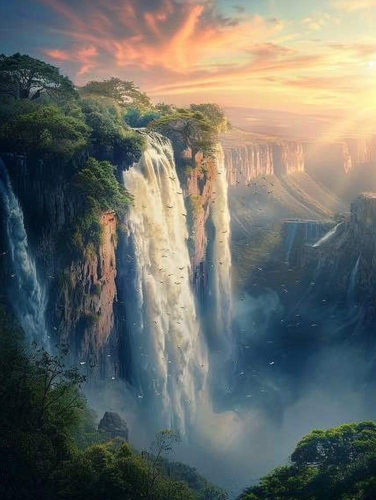 A Gigantic Waterfall In An Impressive Landscape, Beautiful Natural Colors, Mysterious Light, Beautiful Nature Scenery, Anime Style
