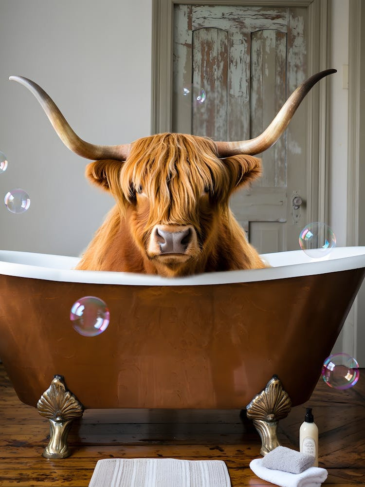 Highland Cow in a Vintage Bathtub – A Whimsical Scene