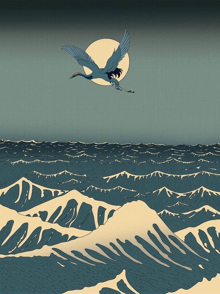 Crane Bird Flies Over The Ocean