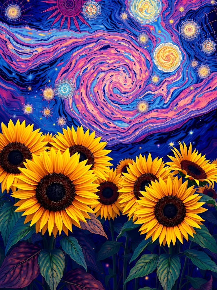 Sunflowers Under The Starry Sky