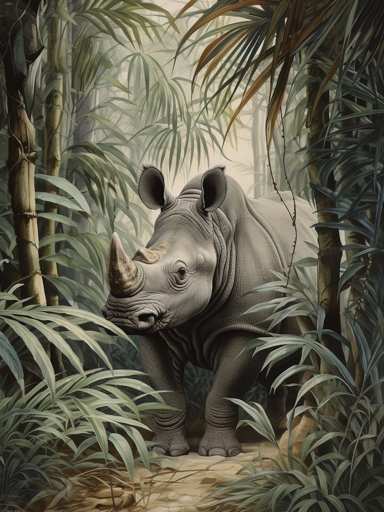 Rhino Peeking Out From Behind The Leaves 5