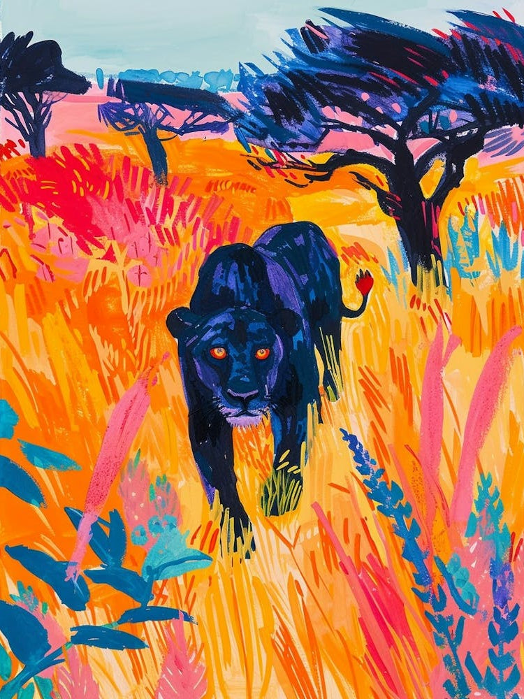 Black Lion Hunting In The Savannah Fauvist Painting 1