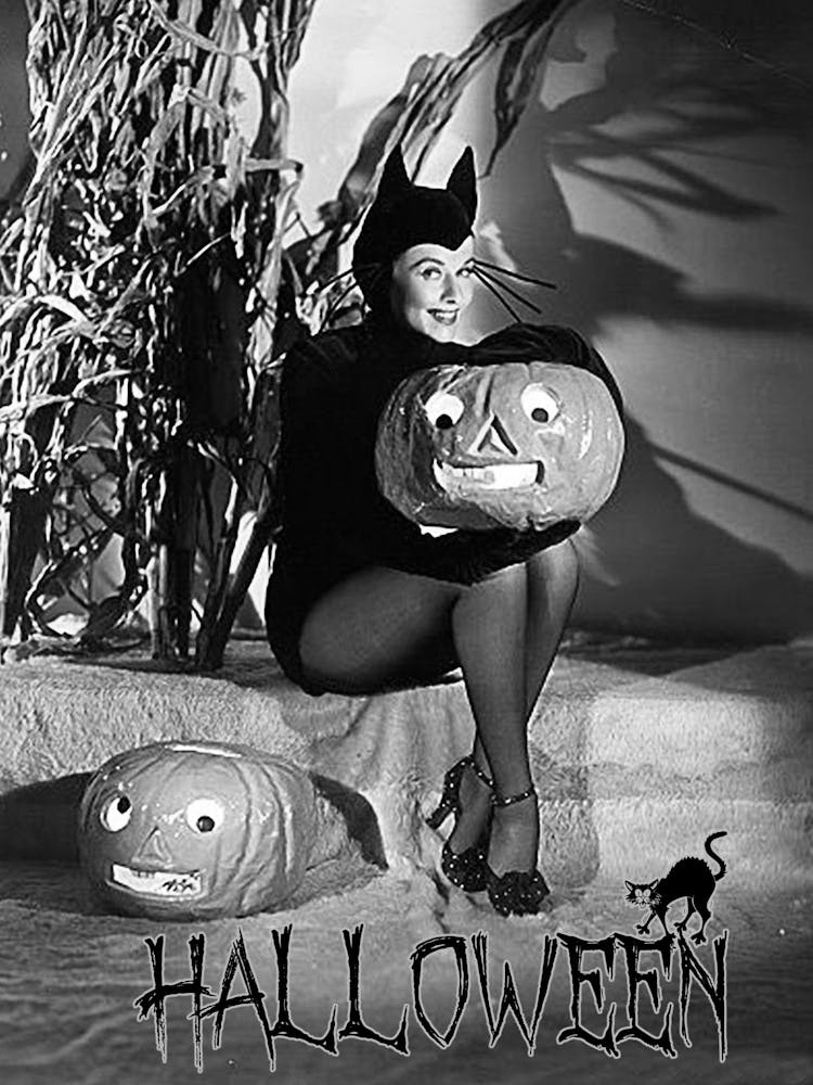 Beautiful Cat Woman With Pumpkin Posing In Photo Studio