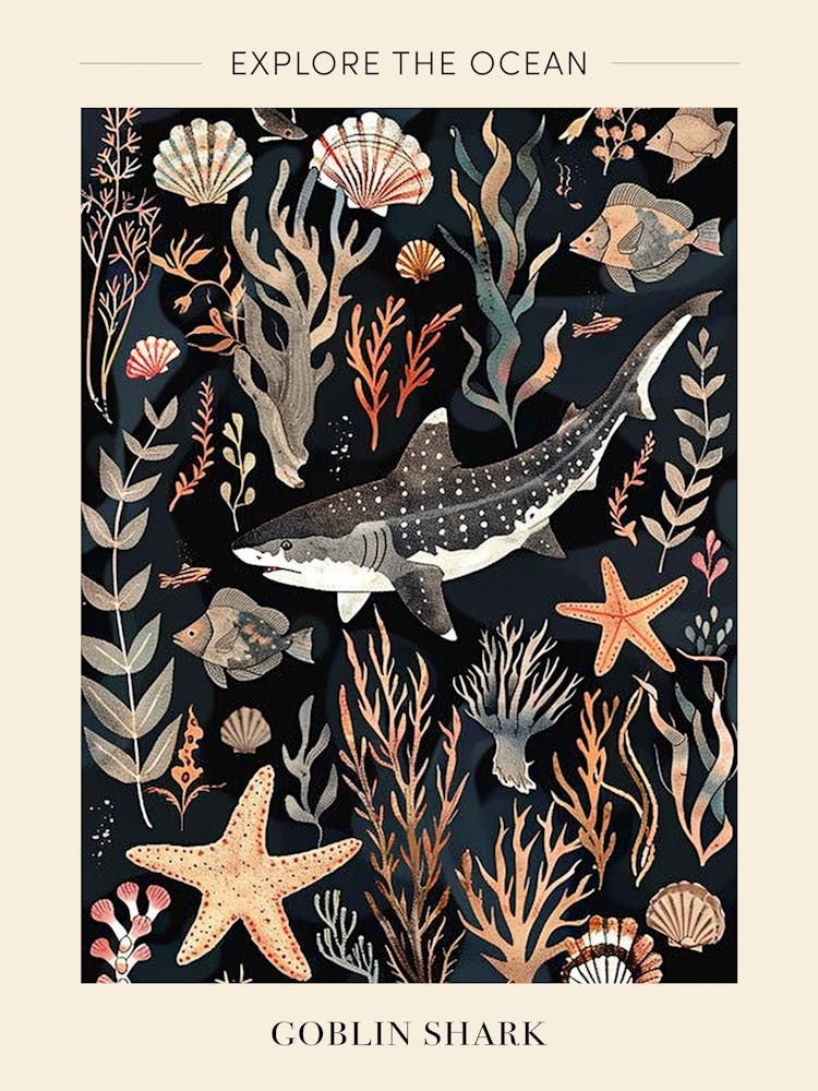 Goblin Shark Seascape Black Background Illustration 2 Poster