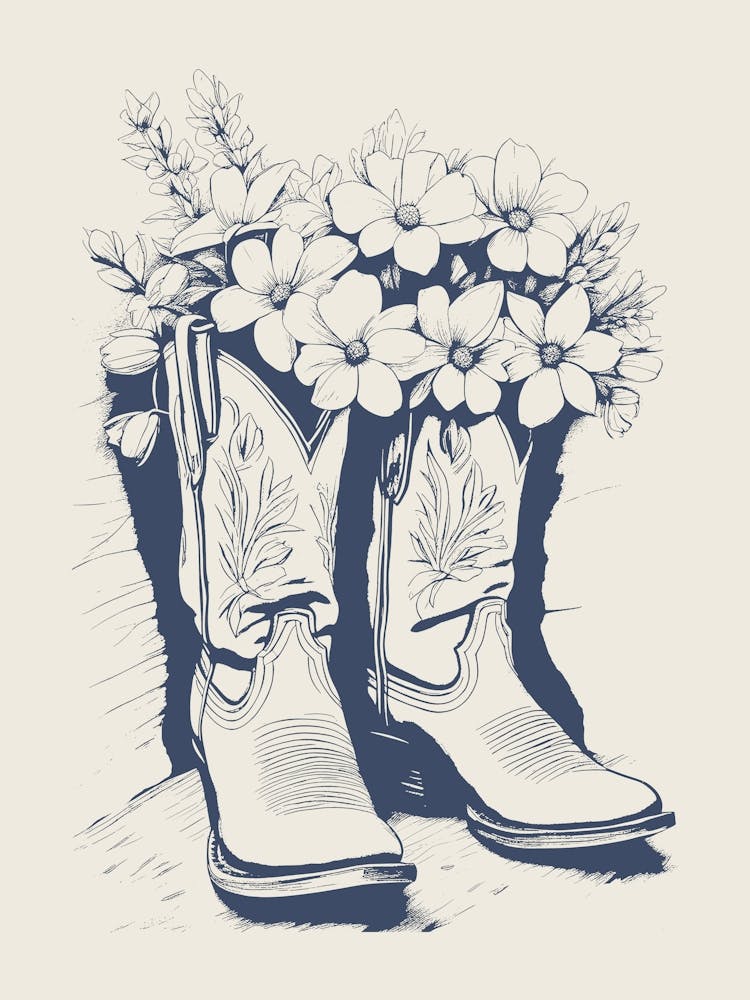 Cowgirl Boots with Flowers in Denim Blue