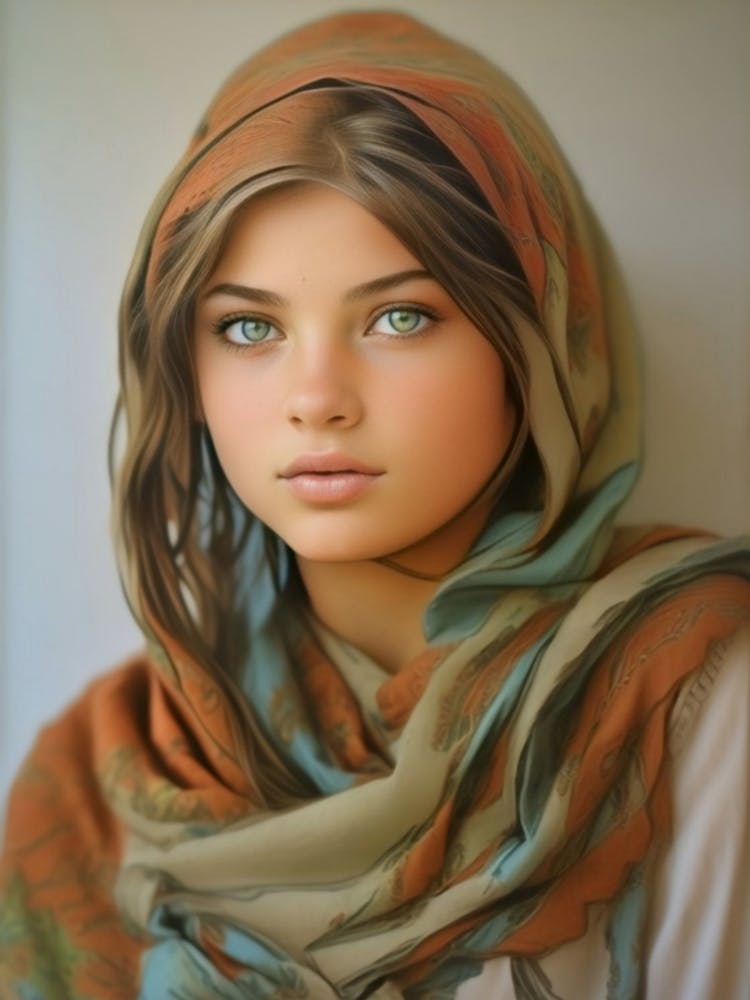 Young Girl in a Scarf - Counted Cross Stitch Patterns - A Captivating Digital Portrait,, Wall Art