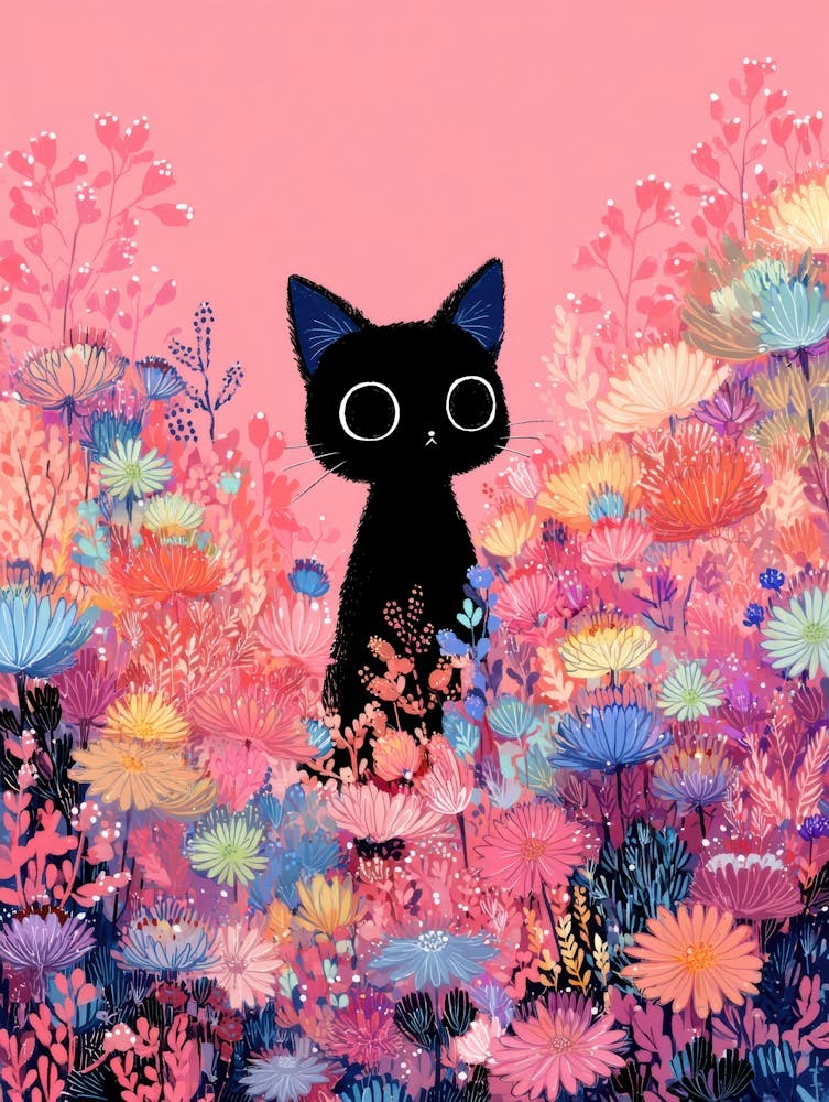 Schwarze Katze in einem Blumenfeld