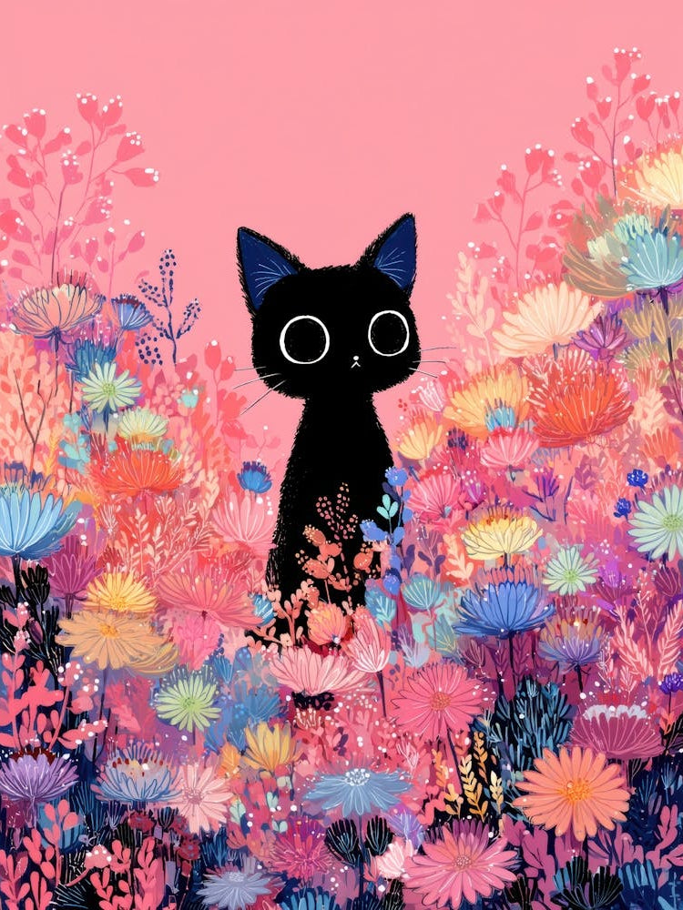 Black Cat In A Field Of Flowers