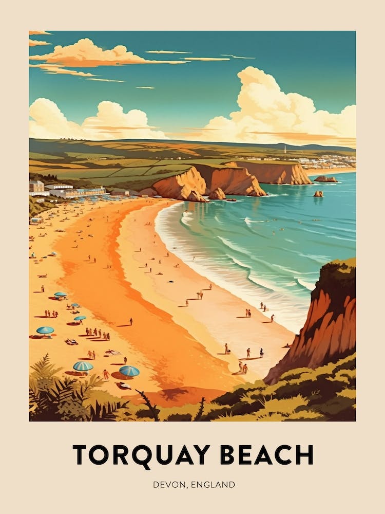 Devon Vintage Travel Poster Torquay Beach