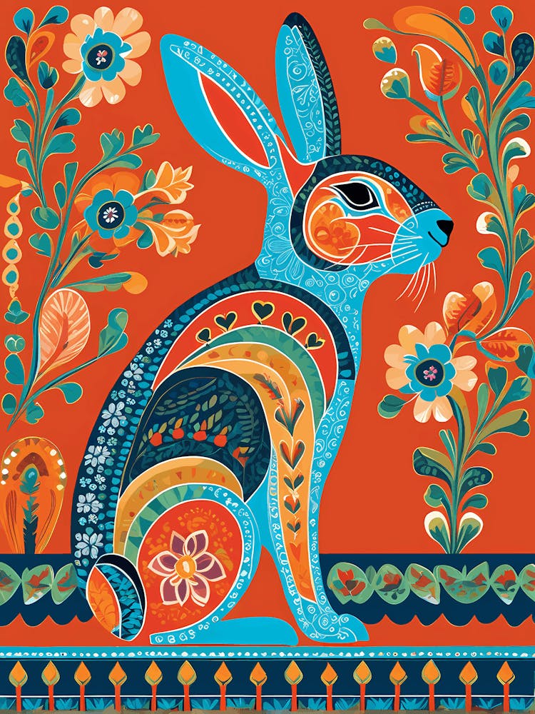 Flat Art Folk Art Rabbit On A Solid Background 725517390