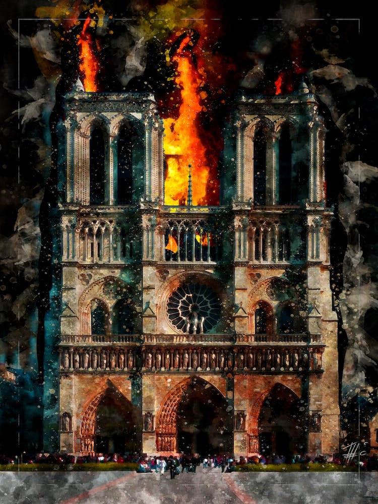 Notre Dame On Fire, Watercolor