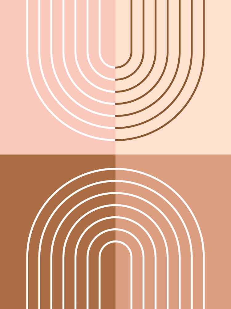 Abstract Rainbow Line and Blocks II in Brown Beige Peach Midcentury Modern