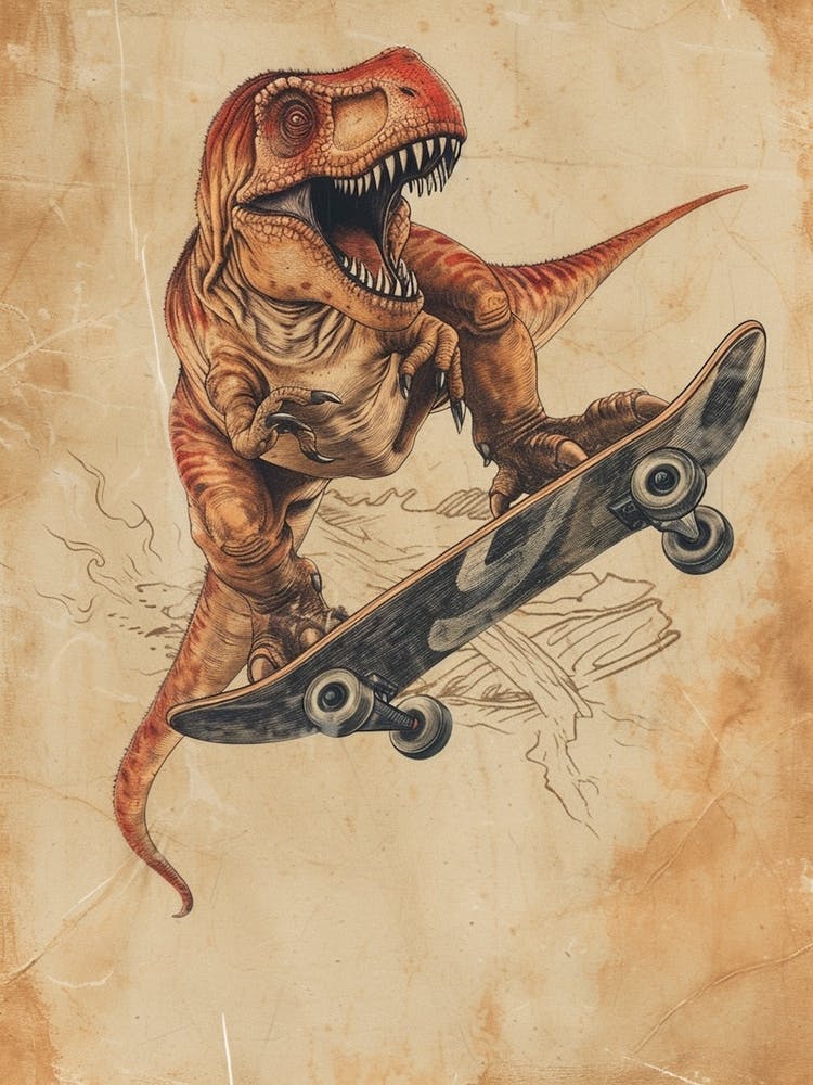 Vintage Carnotaurus Dinosaur On A Skateboard 1