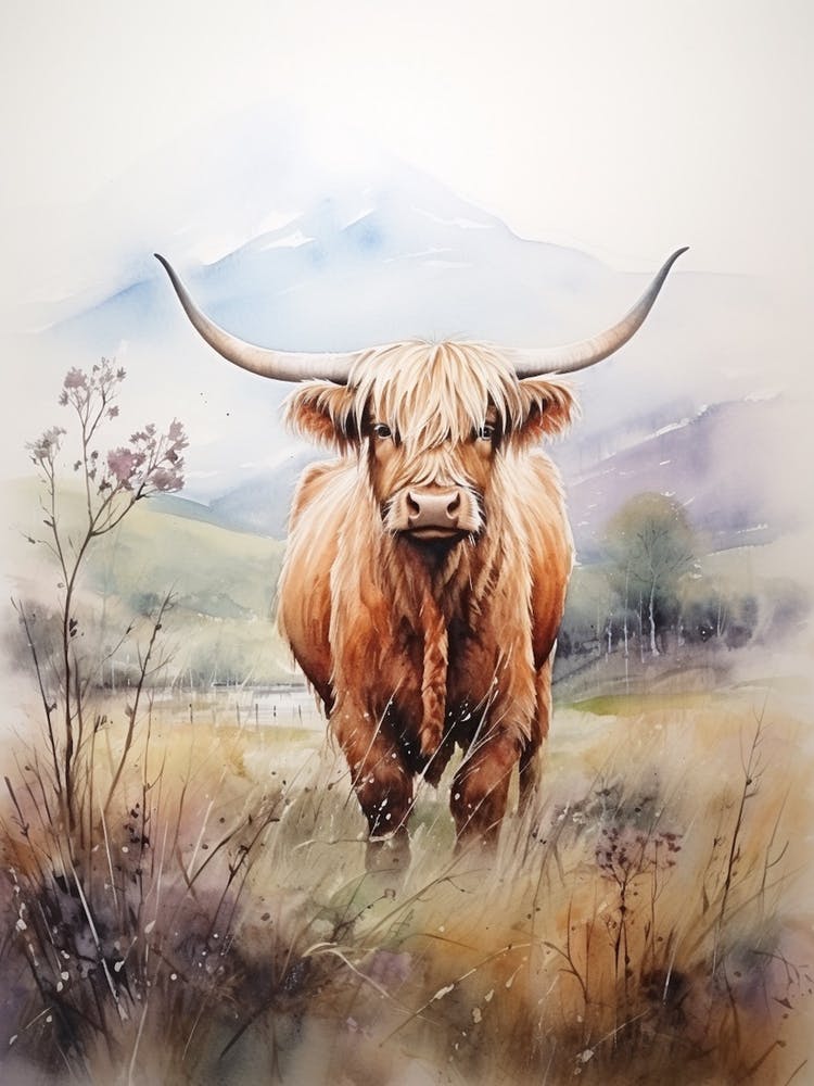 Curious Highland Cow In Field With Rolling Hills Watercolour 3