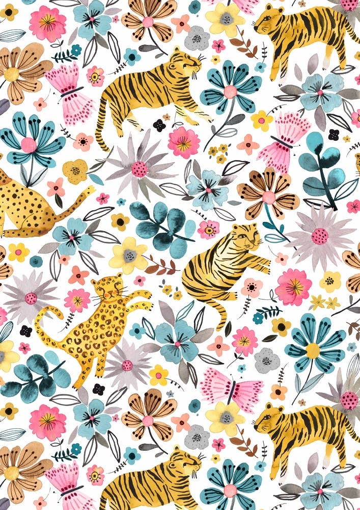 Spring Tigers Flowers Pink Blue