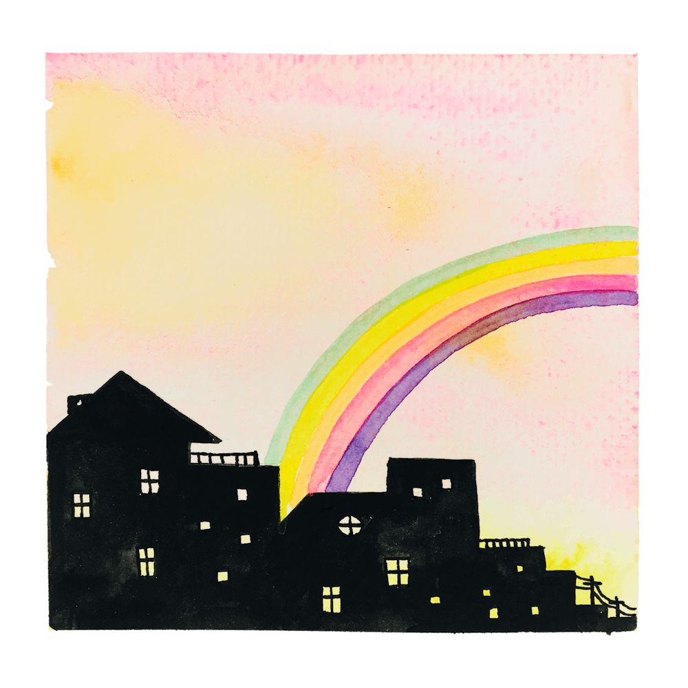 Watercolor, Buildings With Rainbows In The Sky