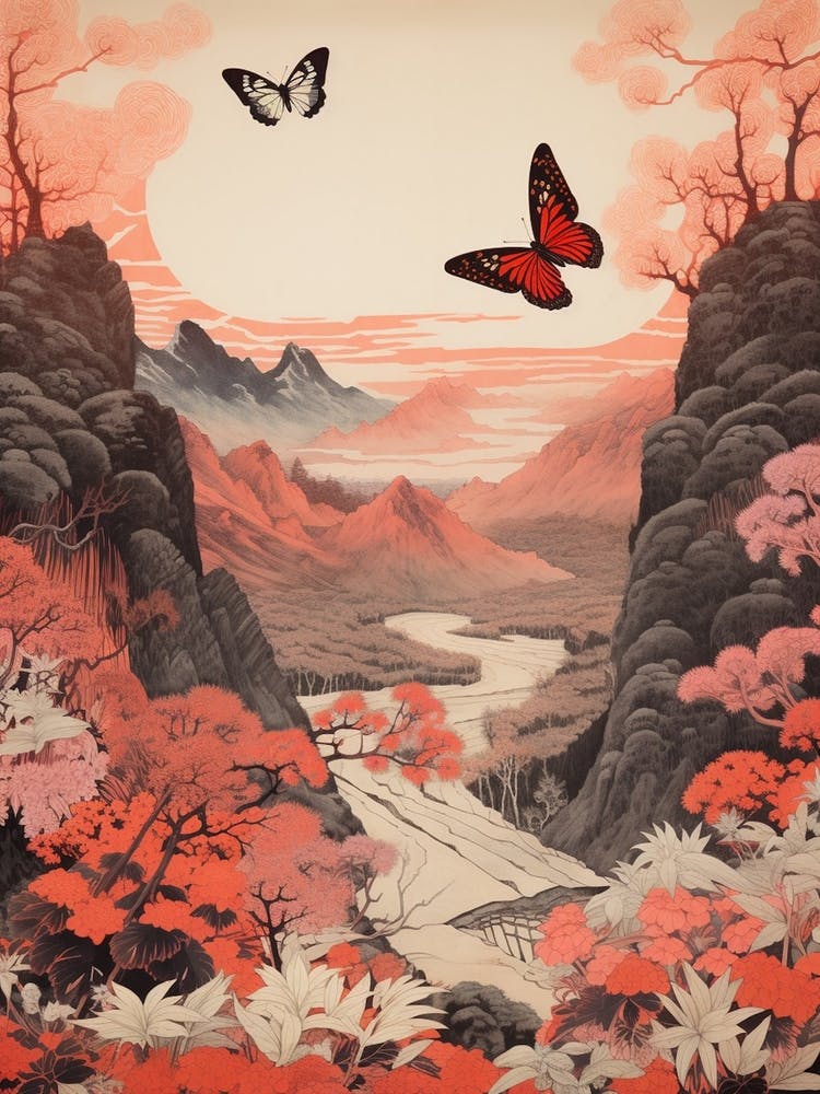 Red Tones Butterfly Japanese Style Painting 1