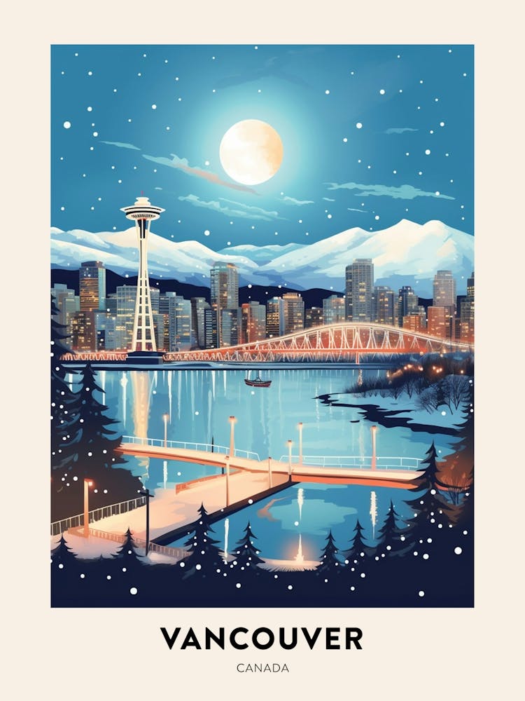 Winter Night  Travel Poster Vancouver Canada 2